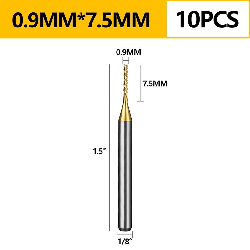 WEXWE Tools 10Pcs 0.9mm TiN Coating Solid Carbide End Mill Engraving Milling Cutter CNC Router Bits for PCB Machine, 1/8" Shank 1BOX - Image 5